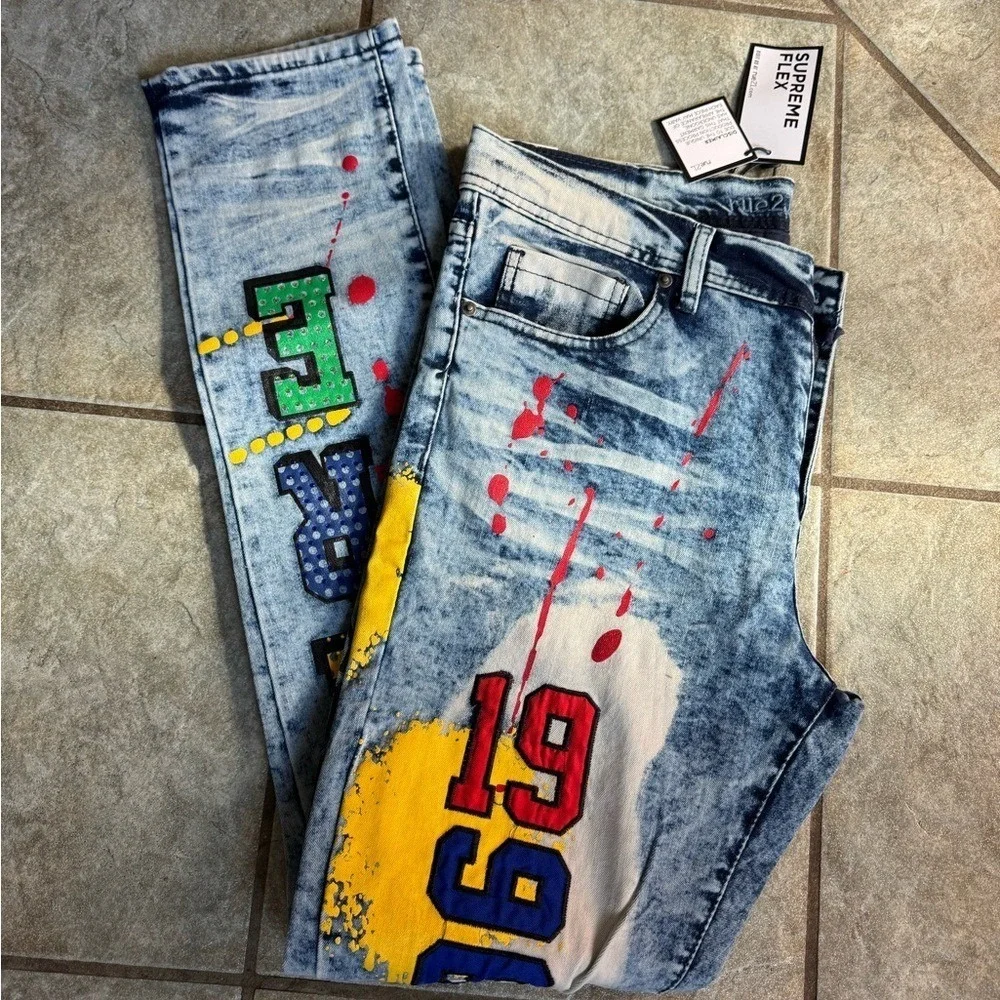 Men's rue21 Premium Supreme Flex‎ Skinny Jeans Graphic Paint Splatter NWT 32x34